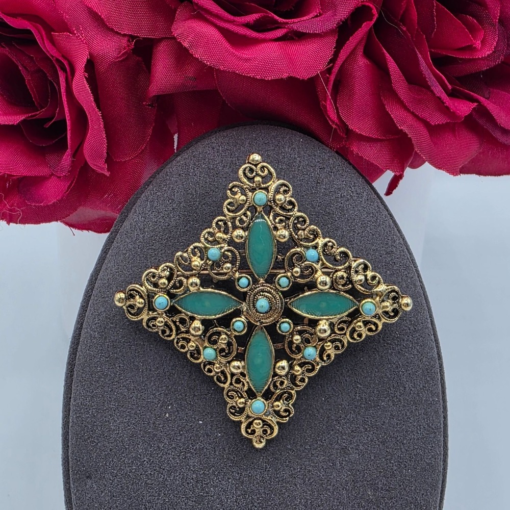 Antique Filigree Brooch Green Glass Turquoise Square Victorian Revival Gold Tone